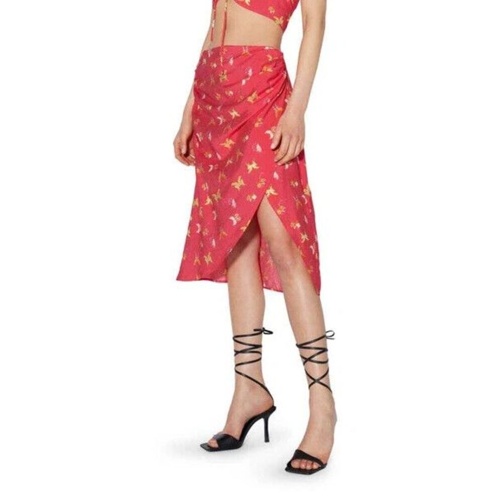 Something New Midi Skirt Womens Medium Pink Butterfly Wrap Ruched Slit Fairycore